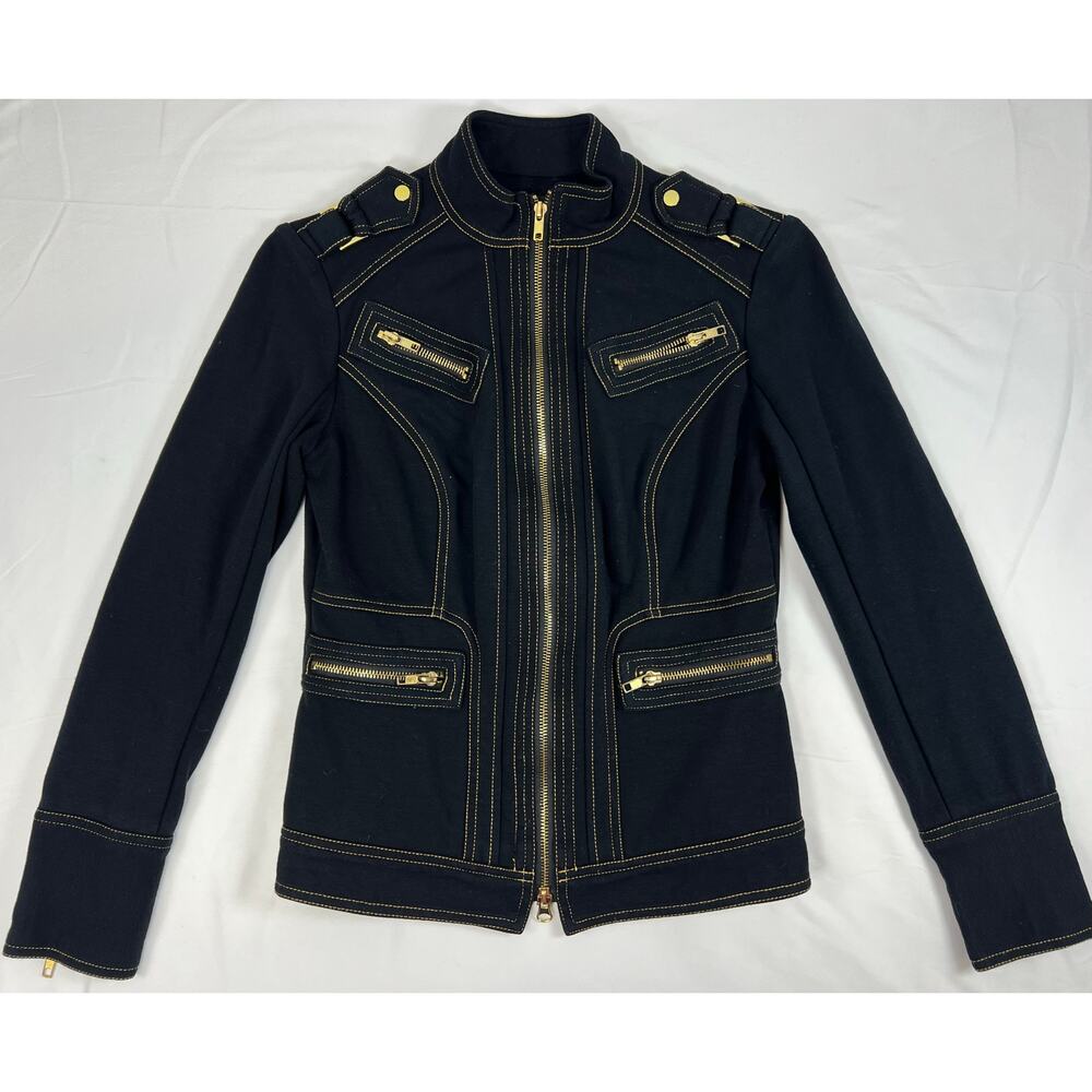 Cache Black Zip Jacket XS Gold Zippers Moto Military Stretch